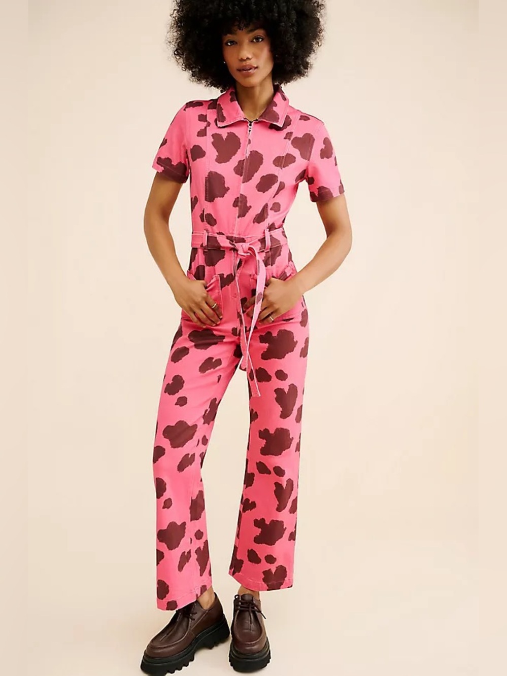 Anthropologie Rachel Antonoff Sal Collared Jumpsuit Pink Cow Print Womens Sz 12